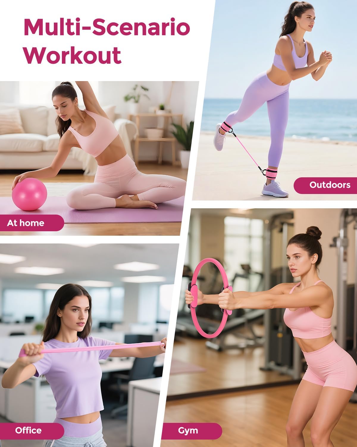 Pilates Essentials Kit for 5.2-5.7 FT Women, 14'' Magic Circle Home Pilates Equipment Ring and Ball Set, 5 Resistance Bands Workout Guide for Balanced Resistance Full-Body Workout Set for Beginners