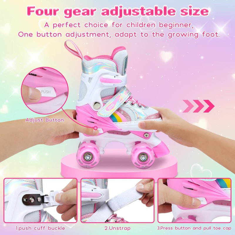 Kids Roller Skates for Girls and Boys, 4 Size Adjustable Rainbow Girls Skates with Light Up Wheels, Toddler Skates for Boys, Beginner Kids Roller Skates Indoor Outdoor