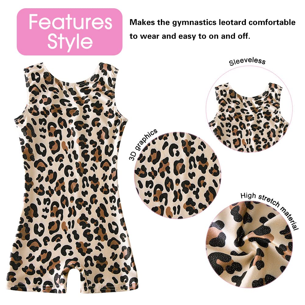 uideazone Gymnastics Leotards for Girls Quick Dry Leopard Printed Unitards Biketards Gym Outfits Kids Children Dance Unitards with Shorts Size 7 8