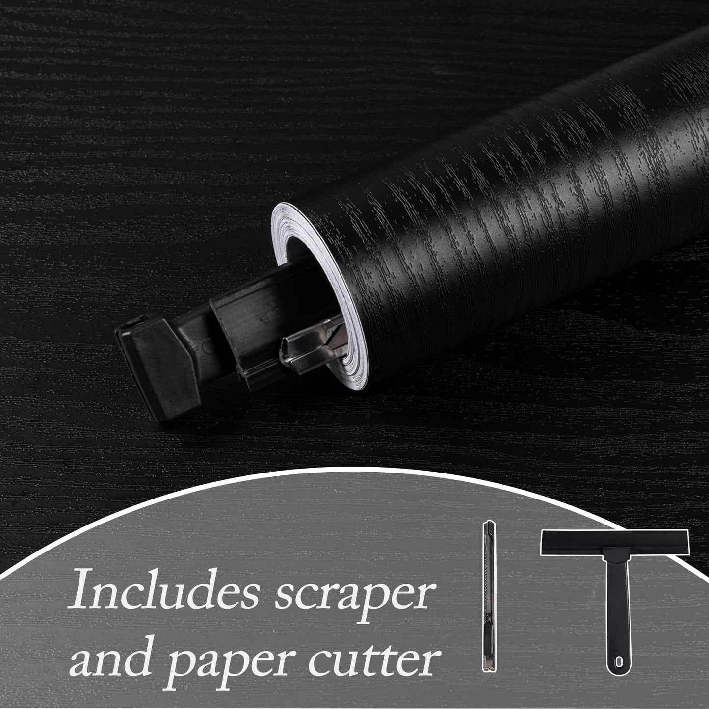 Wood Contact Paper With Tools, Black Peel and Stick Wallpaper Thickened No Tearing Vinyl Wrap, Self Adhesive Faux Wood Grain Wallpaper Cover Cabinets Countertop Wall Furniture Decoration 17.7" X 78.7"