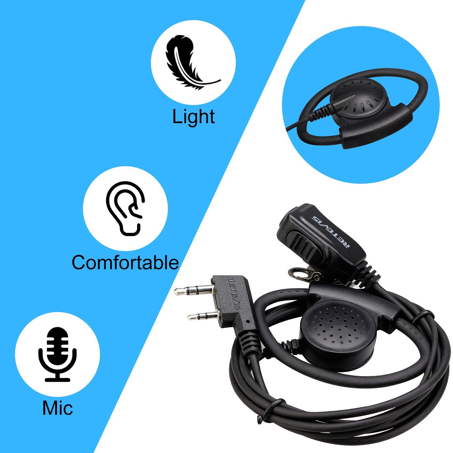Retevis Adjustable Earhook Walkie Talkie Earpiece with Mic, D Shape Earhook, for RT22 RT68 RT21 H-777, Compatible with Pxton, Baofeng BF-888S, Kenwood Walkie Talkie, 2 Way Radio Headset(6 Pack)