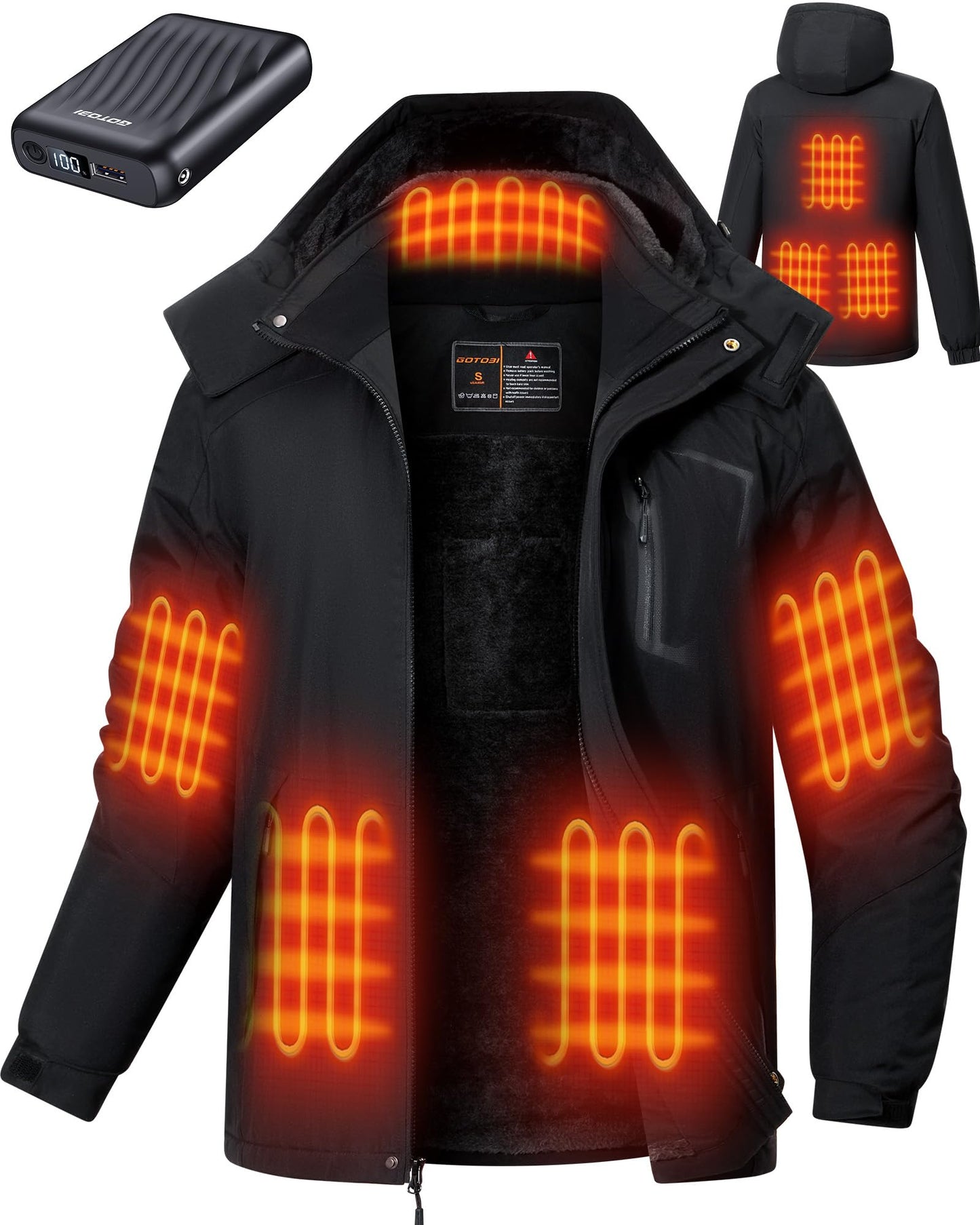 GOTOBI Heated Jackets for Men with 12V 18400mAh Battery Pack, Heated Coat with 8 Heated Zones, Winter Waterproof Ski Jacket