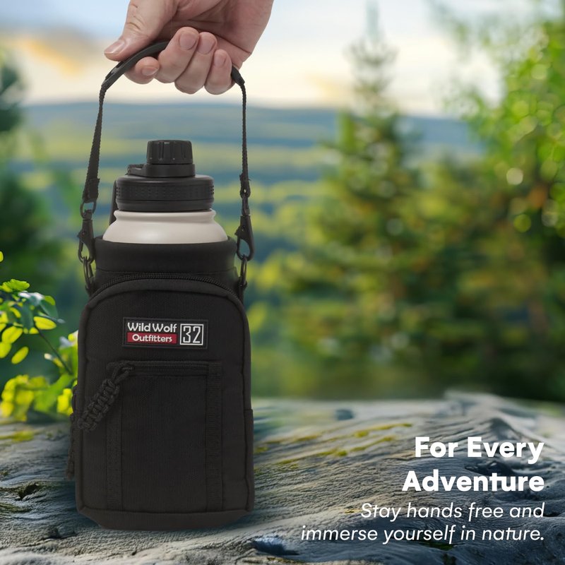 Wild Wolf Outfitters Water Bottle Holder for 32 ounce Bottles Black - Carry, Protect and Insulate Your Best Flask with This Carrier w/ 2 Pockets & an Adjustable Padded Shoulder Strap