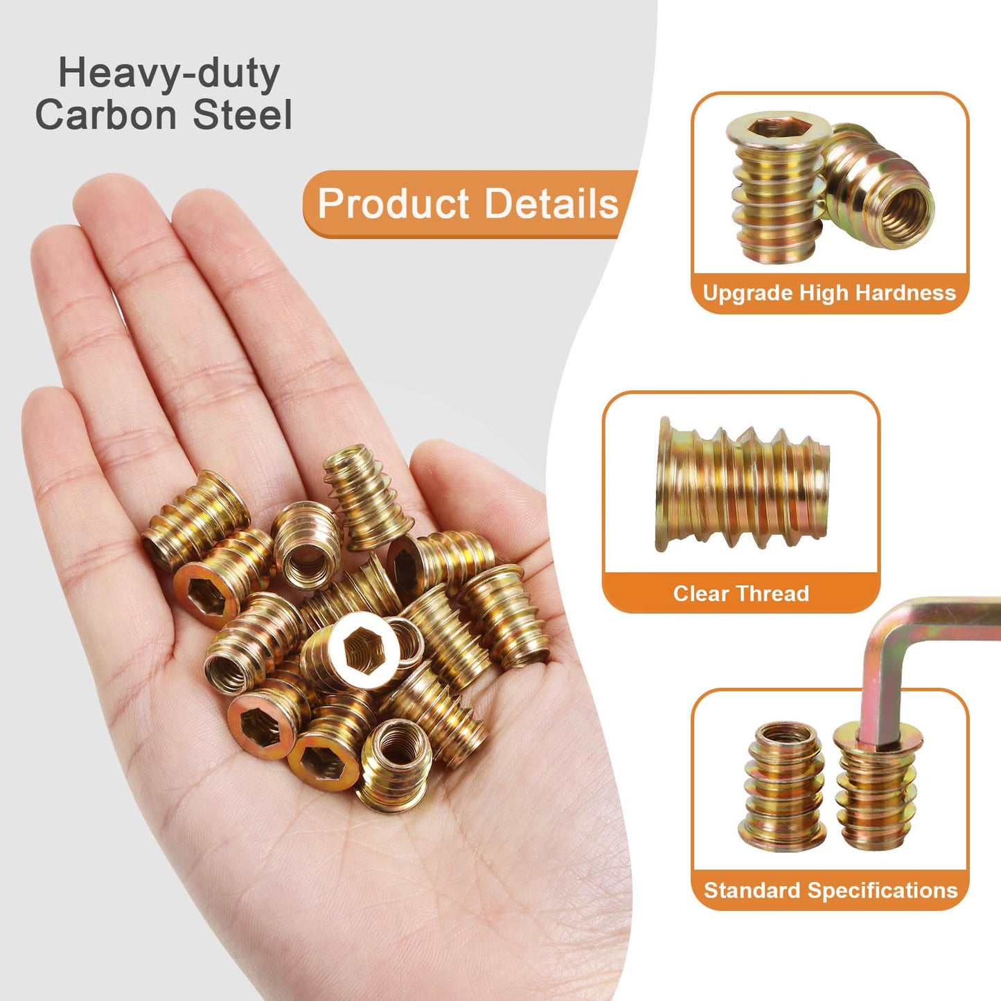 M8-1.25 x 15mm Threaded Insert for Wood Furniture Screw in Nut Threaded Wood Inserts Bolt Fastener Connector, Zinc Plated Carbon Steel, 50 PCS (with Hex Spanner)