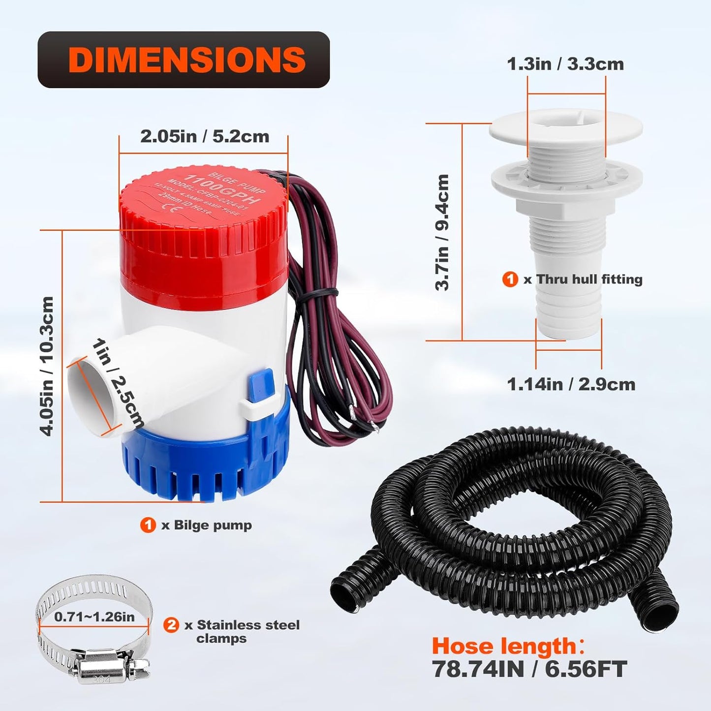 1100 GPH Boat Bilge Pump - 12V Plumbing Kit with 6FT Hose & Clamps | Ideal for Fishing Boats & Yachts