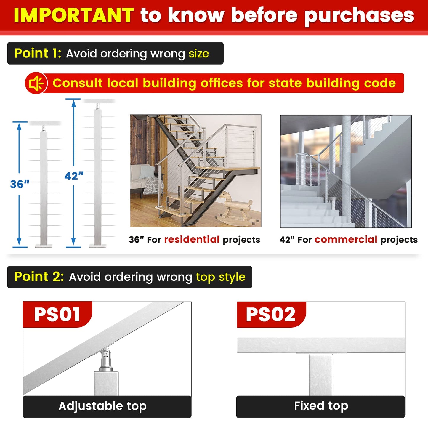 Muzata Stair Cable Railing Post 36 Inch for 25-35 Degrees Stair 36"x2"x2" Surface Mount Brushed T304 Stainless Steel Cable Railing System Kit Indoor Outdoor with Paper User Guide PS01 LA4S