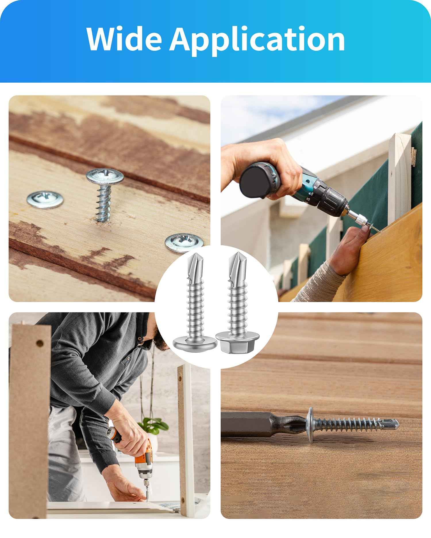 425PCS Self Tapping Screws for Metal, 410 Stainless Steel Self Drilling Screw #8#10 Phillips Wafer & Hex Washer Screws for Metals Assortment Kits, Length 1/2" 3/4" 1" 1-1/2" 2" (Silver)