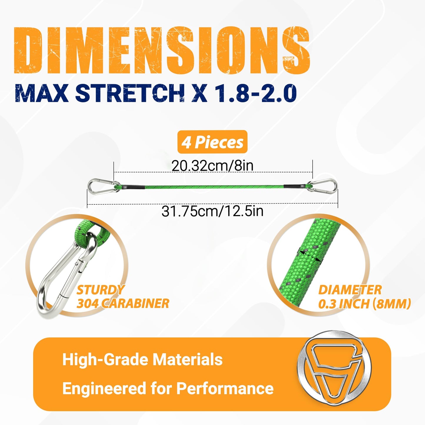 sprookber 8 Inch Bungee Cords with Stainless Steel Carabiner, Heavy Duty Strong Bungee Cords for Camping, Tarps, Bike Rack, Hand Carts etc, Set of 4