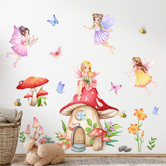 Supzone Mushroom House Fairy Wall Decals Elf Flowers Butterflies Wall Stickers Peel and Stick Vinyl Wall Art Decor for Girls Baby Nursery Bedroom Living Room