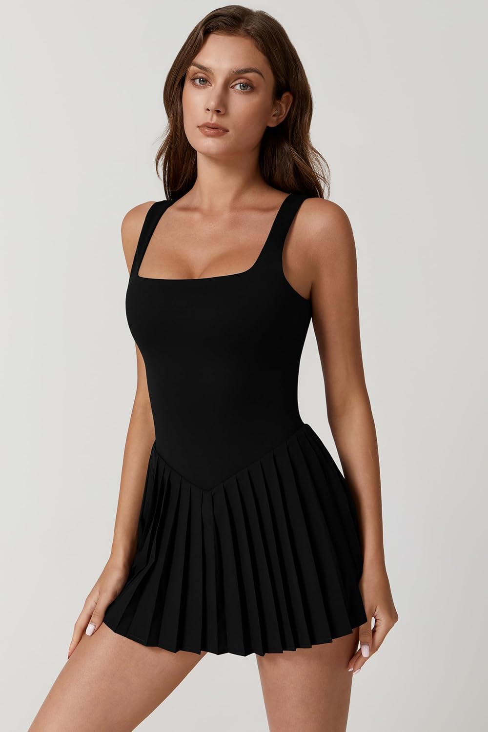 QINSEN Women's Tennis Dress - Square Neck, Pleated Design with Built-in Shorts & Pockets