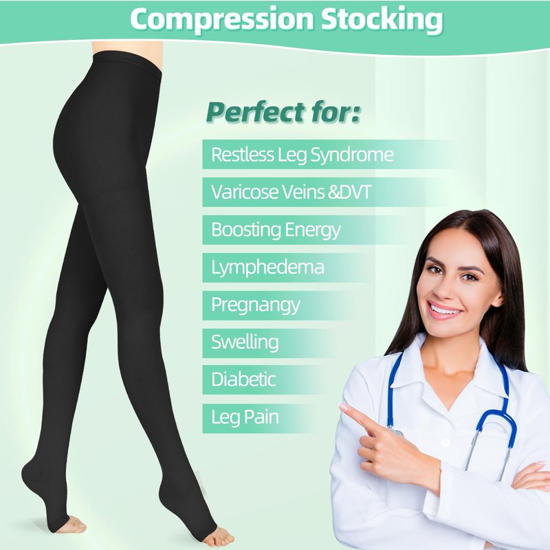 Wegitcs 20 - 30mmHg Compression Pantyhose,1 Pair or 2 Pairs Comfortable Compression Leggings,Open Toe Design,Medical Waist High Compression Stockings for Edema, Varicose Veins, Nurses, Athletes
