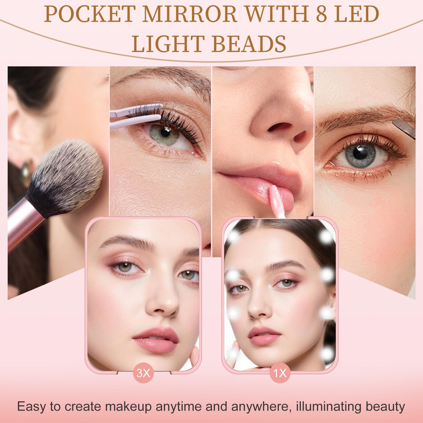 Kakuje Compact Mirror, 1X/3X Magnification LED Pocket Mirror with Nternal BIattery, Mini Mirror for Purse, Pocket,Travel and Present (Pink)