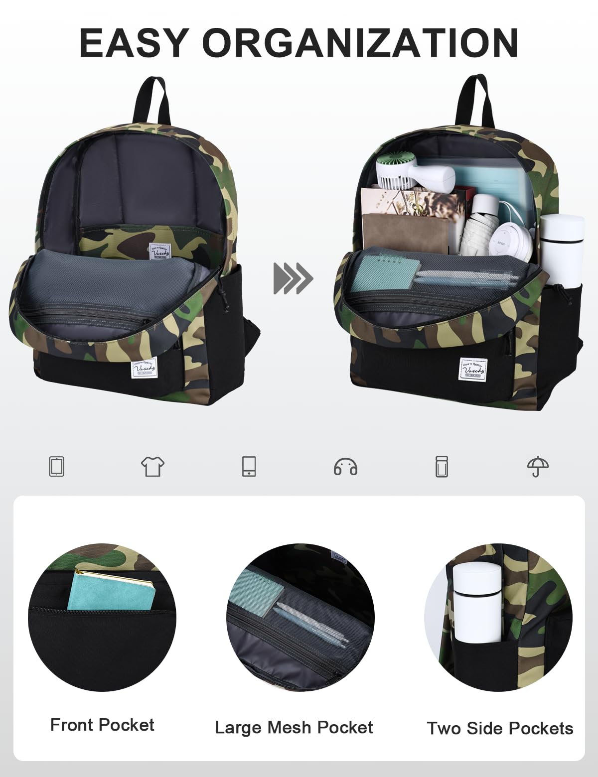 VASCHY Lightweight Backpack for Men, Water Resistant Classic Daypack for Travel, Work, College with Side Bottle Pockets Camo Black