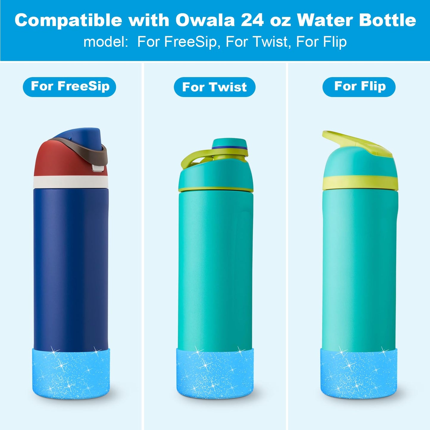 Beonsky 2 PCS Glitter Silicone Boot for Owala Water Bottle 24 oz, Anti-Slip Protective Sleeve for FreeSip/Twist/Flip Stainless Steel Water Bottles Accessories