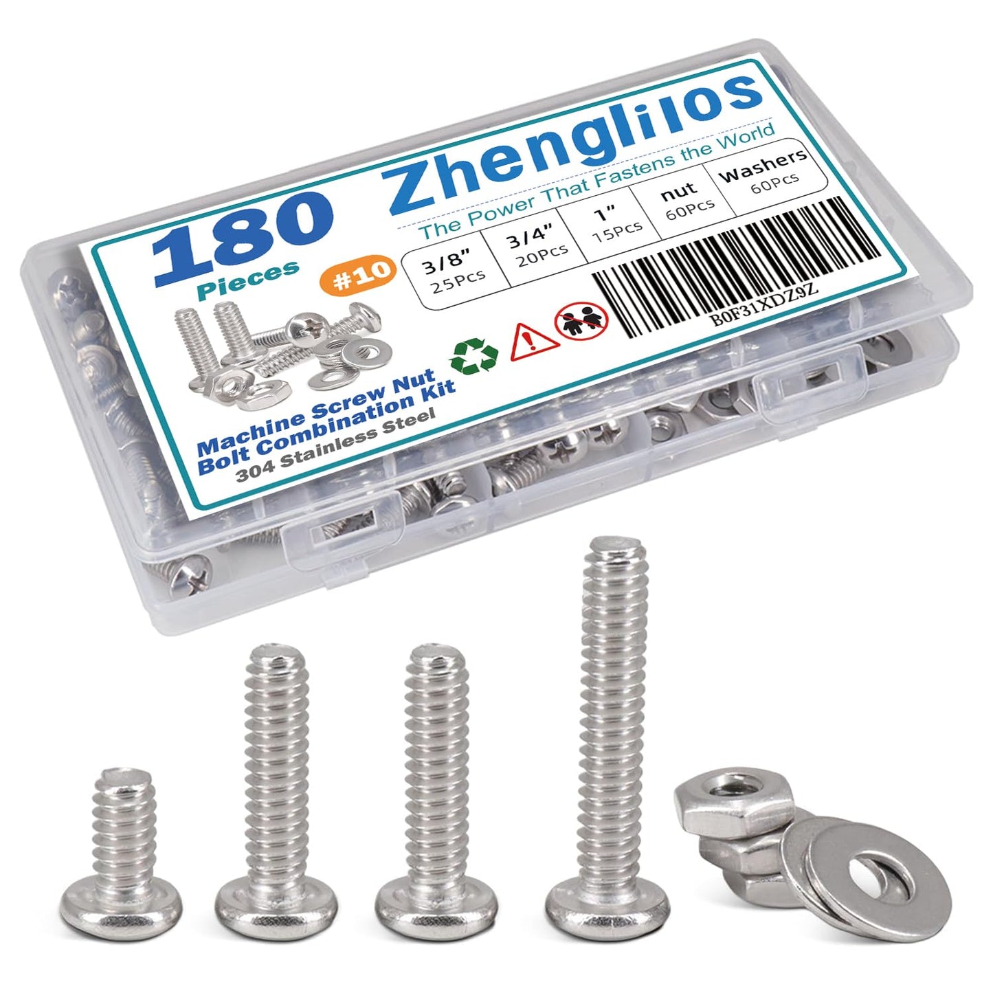 180 PCS Bolt Combination kit # 10 Machine Screws with Locking Washer and Flat Washer, 304 Stainless Steel Phillips Round Head Screws nut and Bolt kit # 10 (3/8 inch,3/4 inch、1 inch)