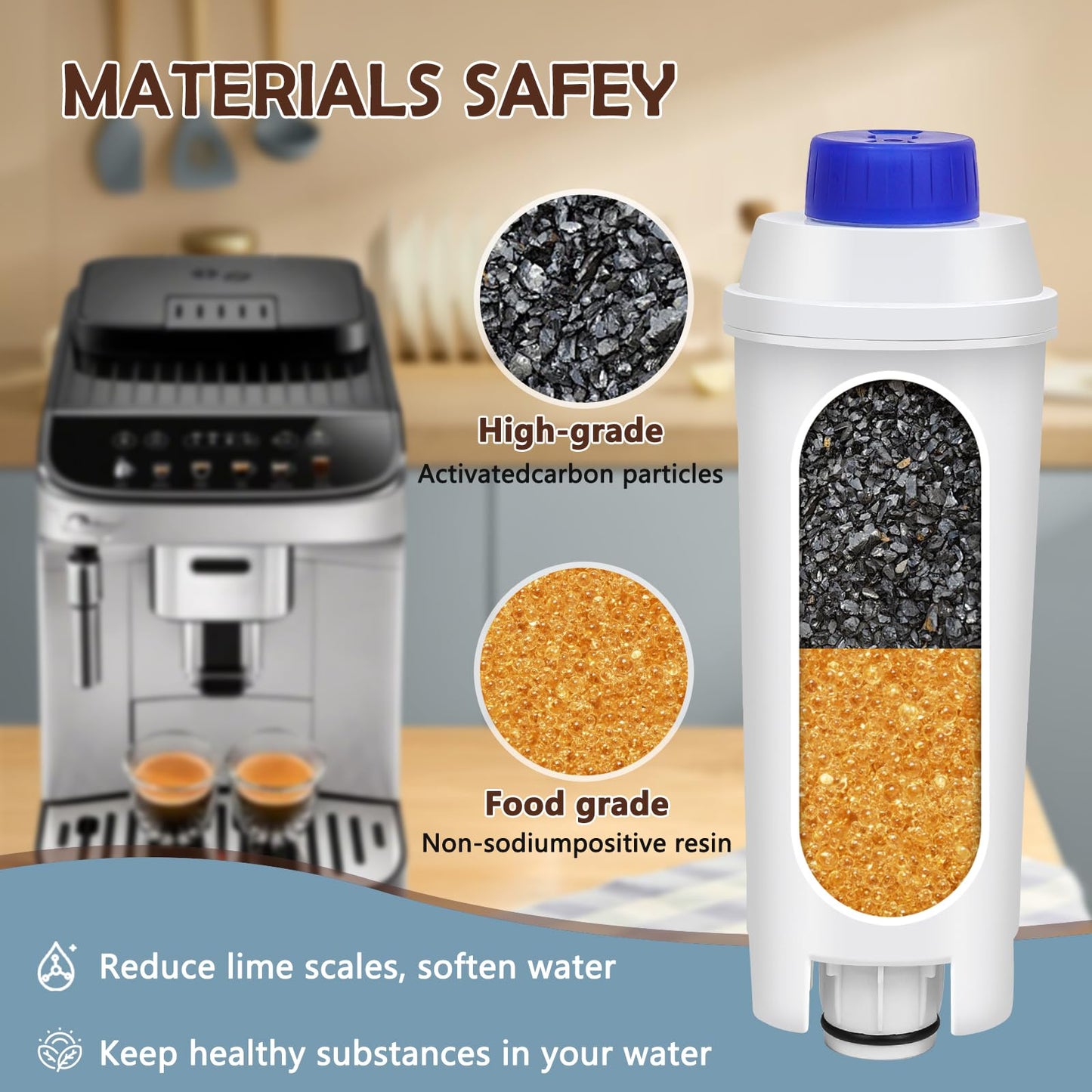 2 Packs DLSC002 Coffee Machine Filters Replacement for DeLonghi Coffee Machines, Water Filter Cartridges Activated Carbon Softener, Compatible with ECAM, ESAM, ETAM, BCO, EC