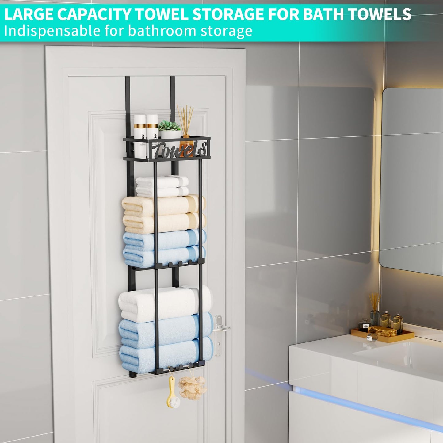 HapiRm Towel Rack Bathroom Storage - 3 Tier Over The Door & Wall Mounted Rolled Towel Racks Holder Organizer with Metal Shelf and 6 Hooks for Small Bathroom, Camper, Rv - Black (for 1.77 in Doors)