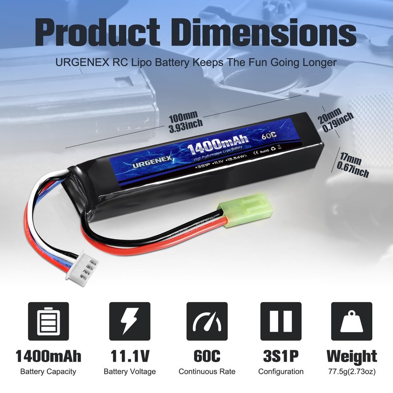 URGENEX Airsoft Battery 11.1V 1400mAh 60C High Discharge Rate Lipo Pack with Mini Tamiya Plug Rechargeable 3S Lipo Battery for Airsoft Model Guns