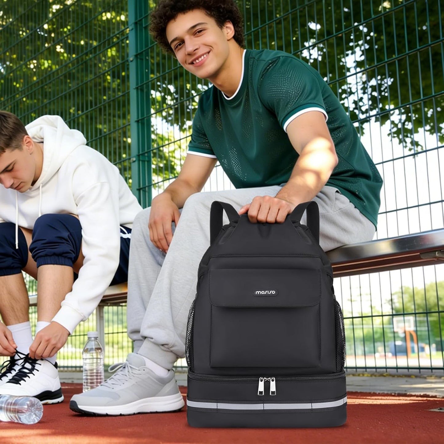 MOSISO Gym Bag - Sports Drawstring Backpack with Shoe Compartment & Front Pocket | Black Fitness Duffle for Travel and Yoga