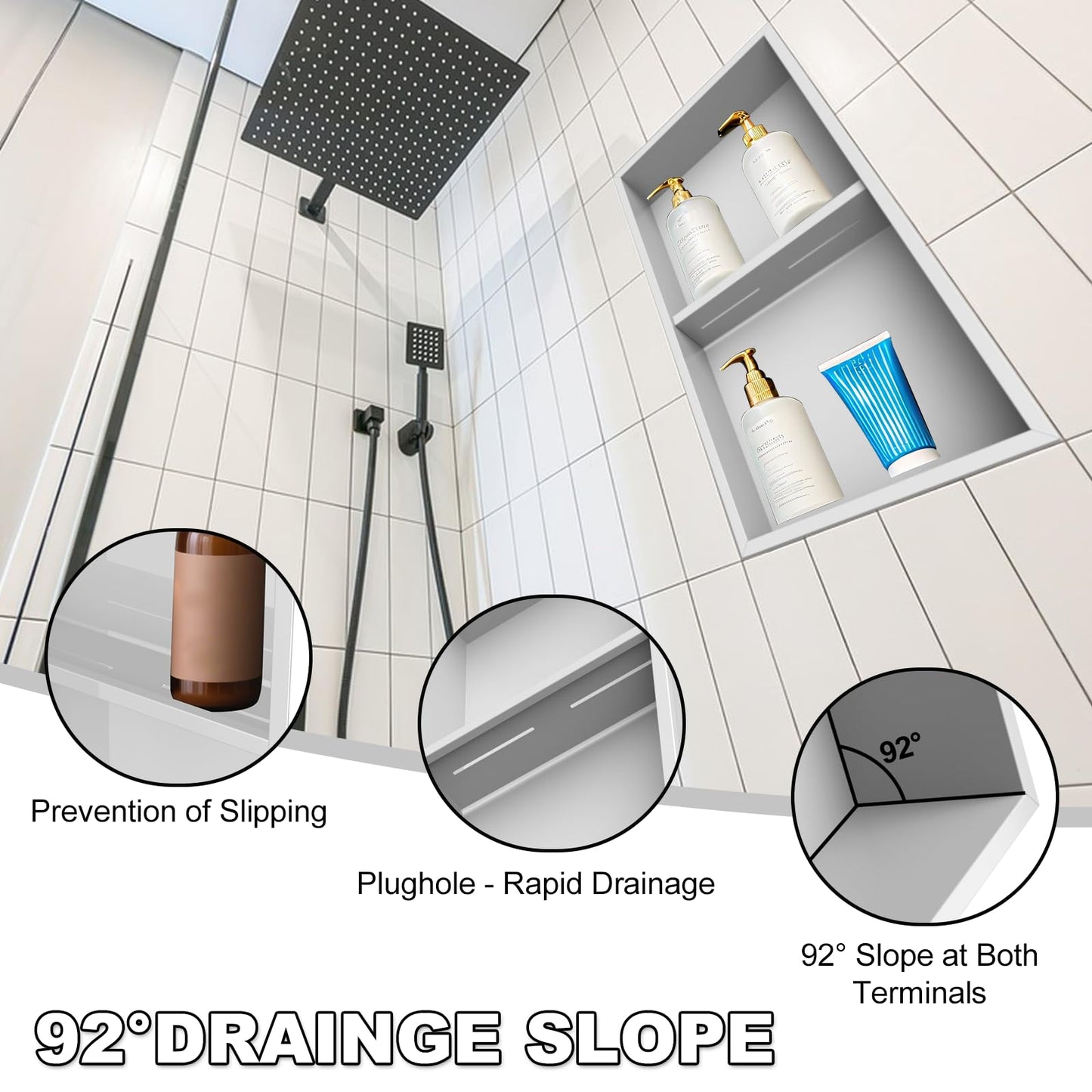 Real 304 Stainless Steel Shower Niche 12x24in-92° Quick Drain-No Tile Needed-2 Tier-Matte Recessed Wall Niche-Insert Shower Shelf-Built in Cabinet for Bathroom/Kitchen/Living Room/Study Storage