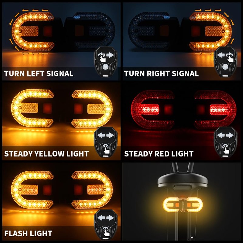 TEGUANGMEI 2PCS Bike Tail Light with Turn Signal, Split Bicycle Rear Lights Wireless Remote Control USB Rechargeable Turn Signal Bike Taillights for Cycling, Cyclist Safety Warning Bike Light 5 Mode