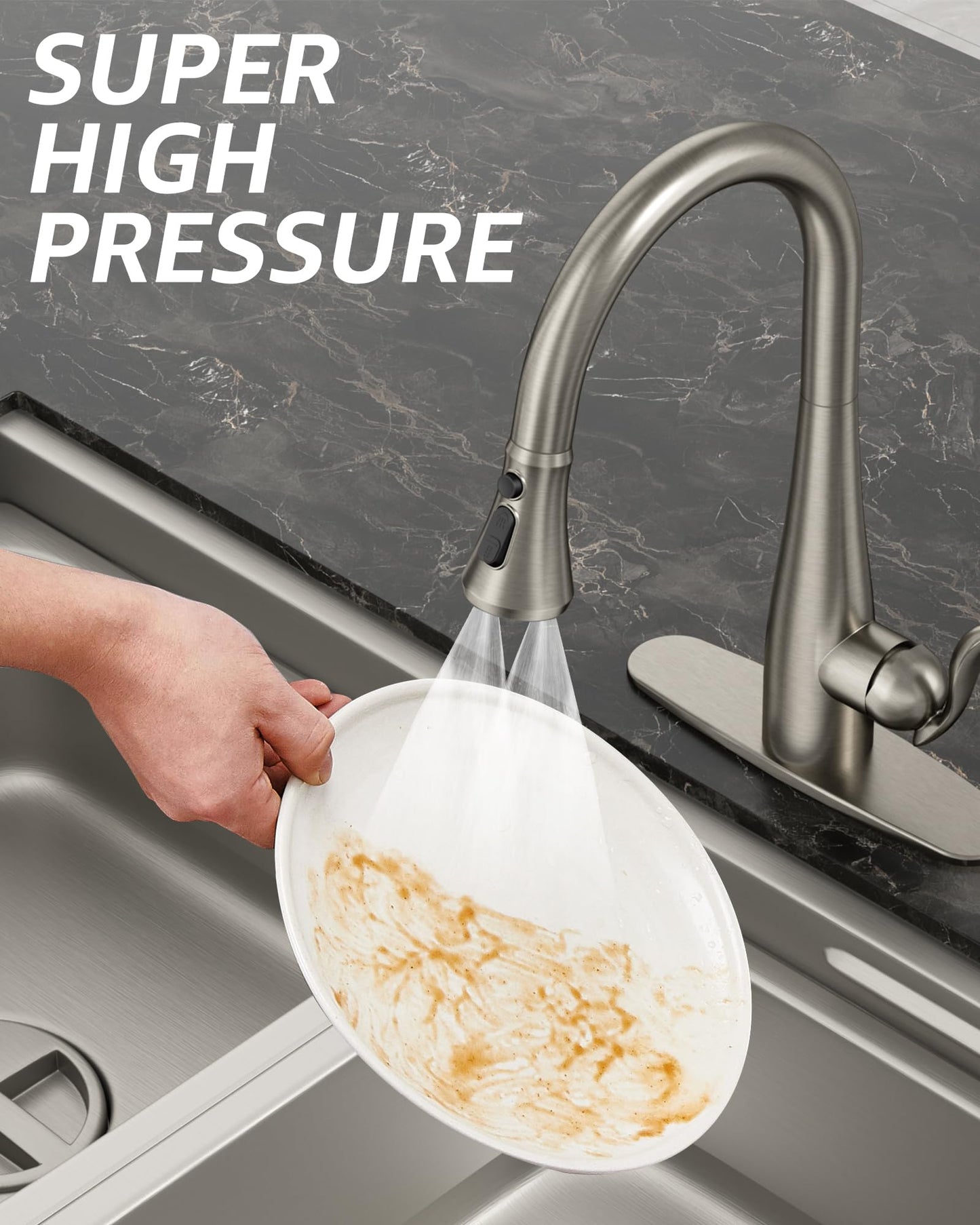 Mbillion Universal Brushed Nickel Kitchen Faucet Sprayer Head Replacement, 3 Function ABS Sink Faucet Head, Pull-Down Nozzle with 14 Adapters, Compatible with Moen,Delta,Kohler,WEWE American Standard