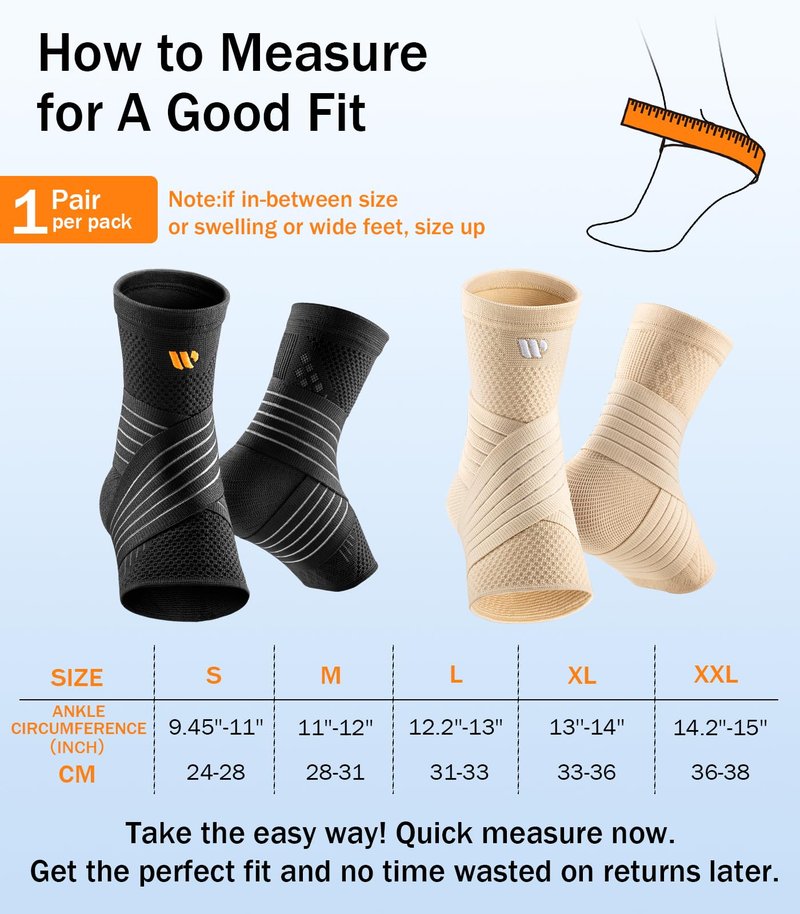 WHCOOL Low-Profile Ankle Braces for Women & Men, Customizable Ankle Compression Sleeve w/Wide Strap, Foot Support Wrap for Plantar Fasciitis Pain Relief, Achilles Tendonitis, Sprain, Black, 1 Pair, L