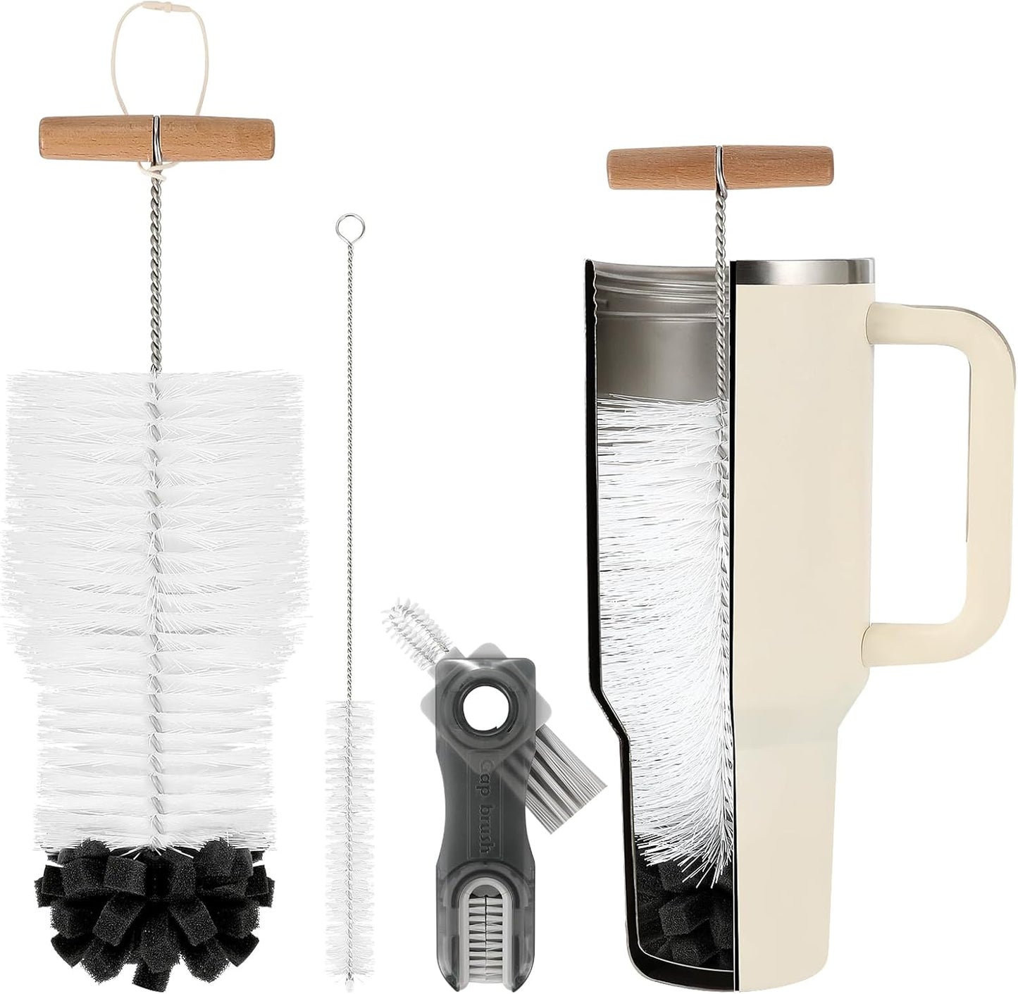 Skiennix 3-Piece Bottle Cleaning Brush Set - Long Wooden Handle for Stanley Cup Tumblers | Includes Lid & Straw Brushes