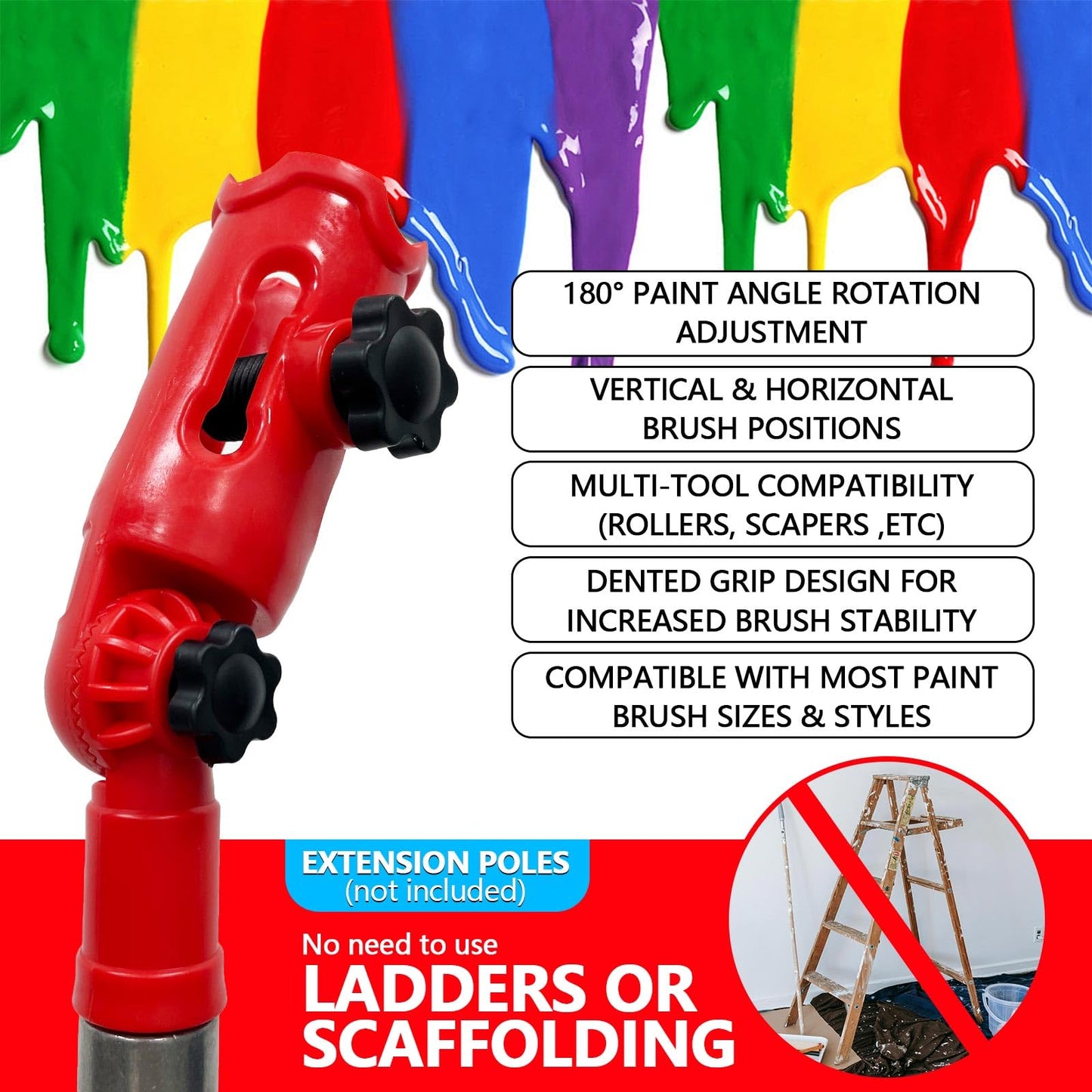WYXDSDEV Multi-Angle Paint Brush Extender Red, Paint Edger Tool for High Ceilings, Extension Pole Attachment Holder for Paint Brush,Roller, Scraper, Rotating Head, Paint Pole Extension Device