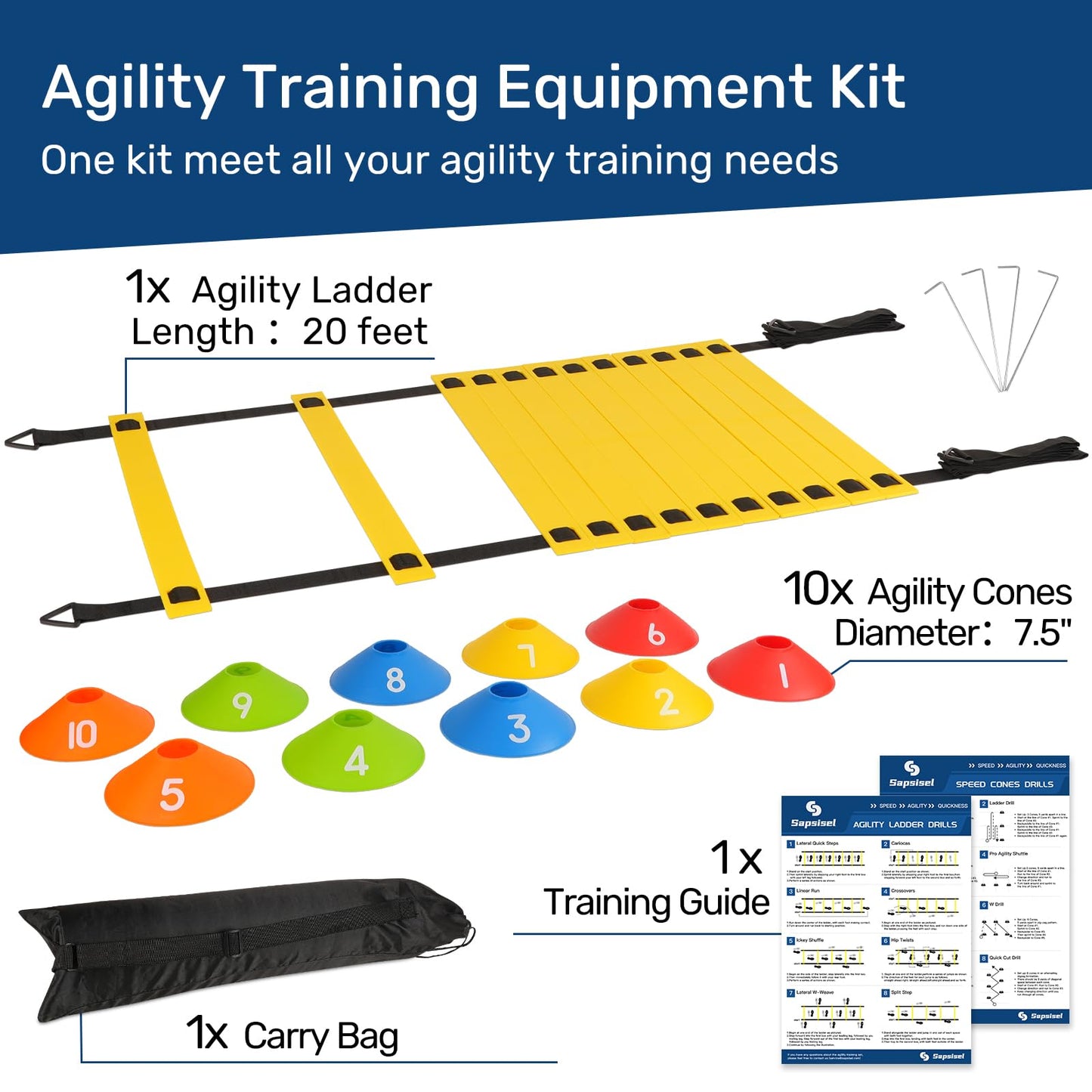 sapsisel Soccer Training Equipment,Agility Training Equipment Set, Speed Football Training Equipment with 20ft Agility Ladder, 10 Soccer Cones