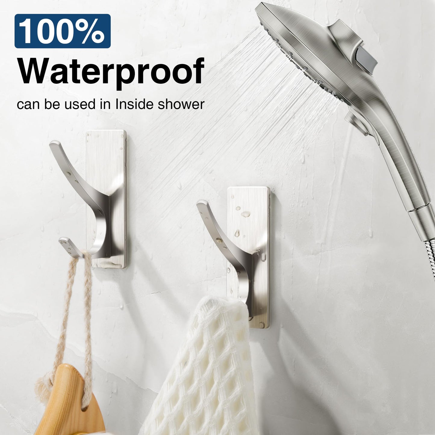 Josmimic Self Adhesive Towel Hooks: Extra Strong 13LB, Stainless Hook for Hanging Loofah, Towels, Coat, Bath Robe Bathroom Shower, Brushed Nickel, 4 Pack