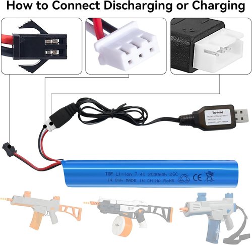 Airsoft Gel Blaster Battery - 7.4V 2000mAh LiPo Rechargeable for SRB400, SRB1200, MP5K, M4