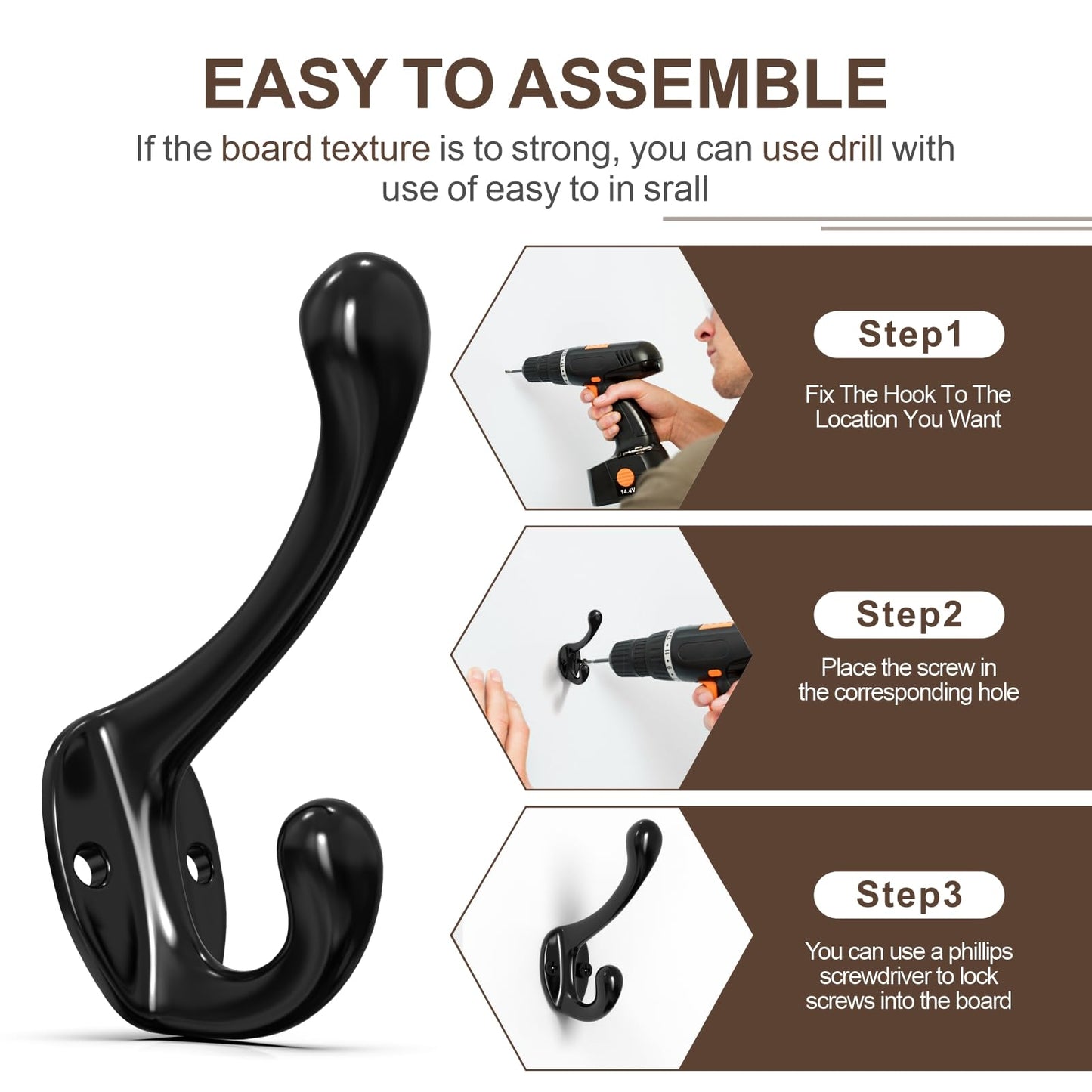 ZBDPOVT Coat Hooks, 16 Pack Black Metal Heavy Duty Screw-in Wall Hooks for Closet, Backpack, Bag, Clothes - Mounted Door Hooks for Classroom, Cubby Organization