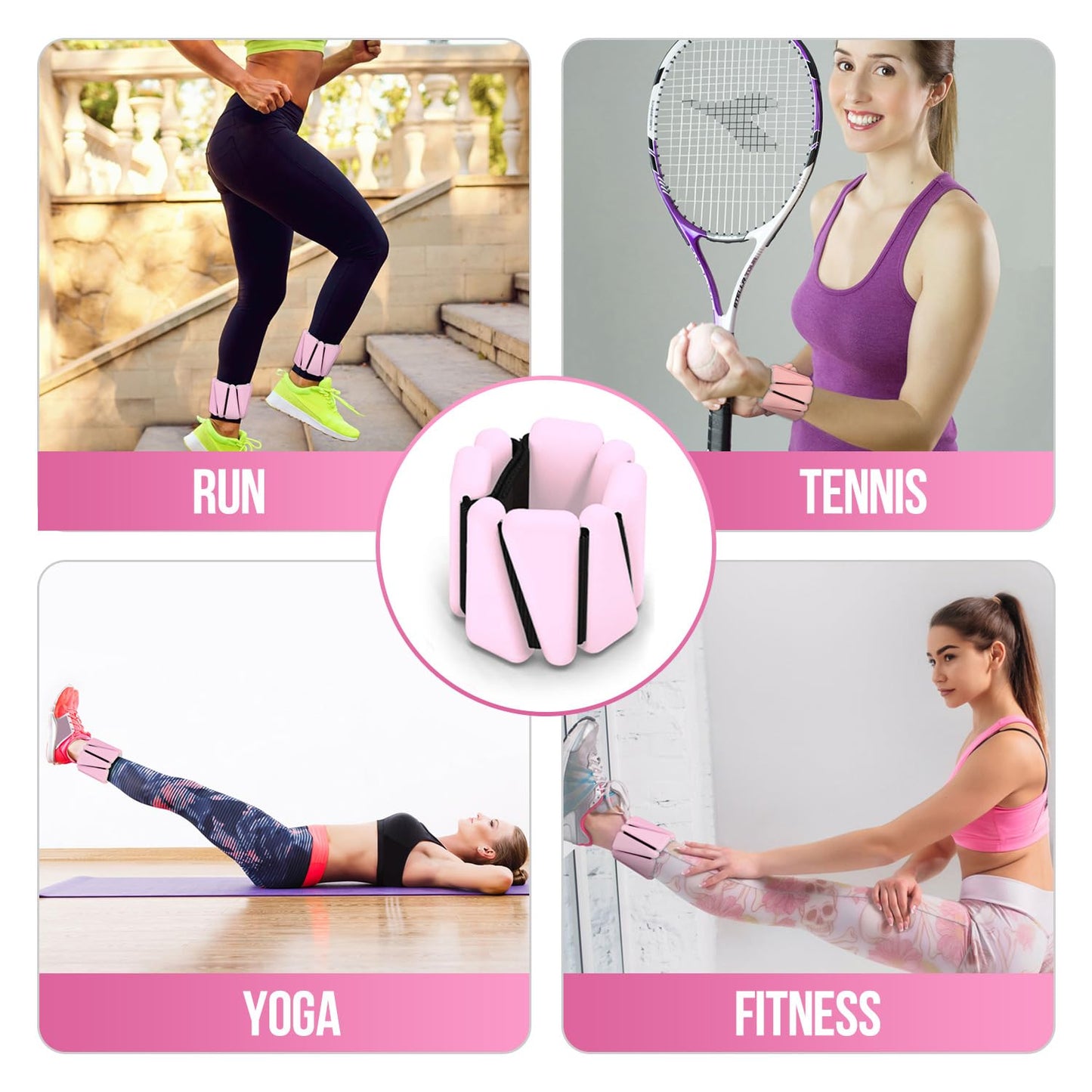 LONGTENW Adjustable Silicone Wrist & Ankle Weights Customizable Fitness Bands for Yoga, Pilates, Running, and Strength Training Detachable Design, Comfortable Eco-Friendly Material (Pink, 2 lbs Pair (1lbs Each))