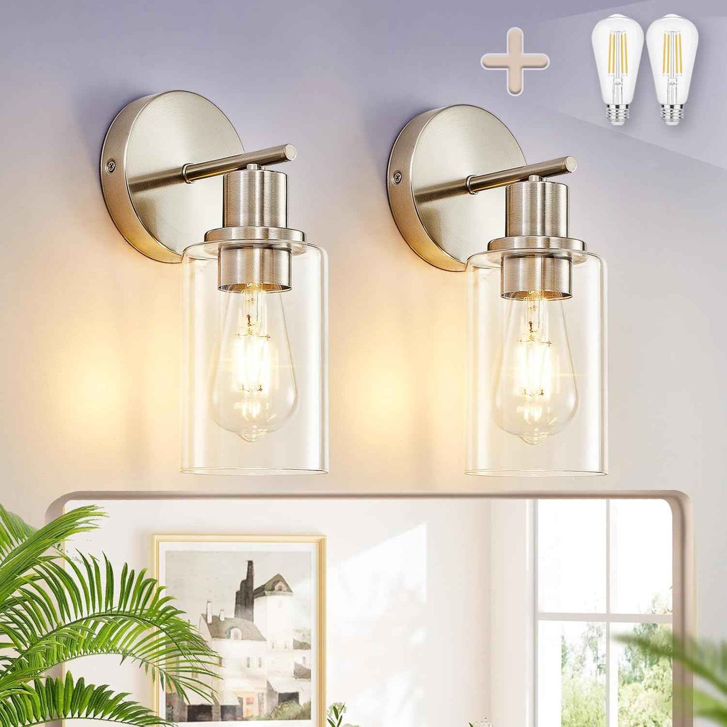 Modern Black 3-Light Bathroom Vanity Light Fixtures with Clear Glass Shades - 2 Pack