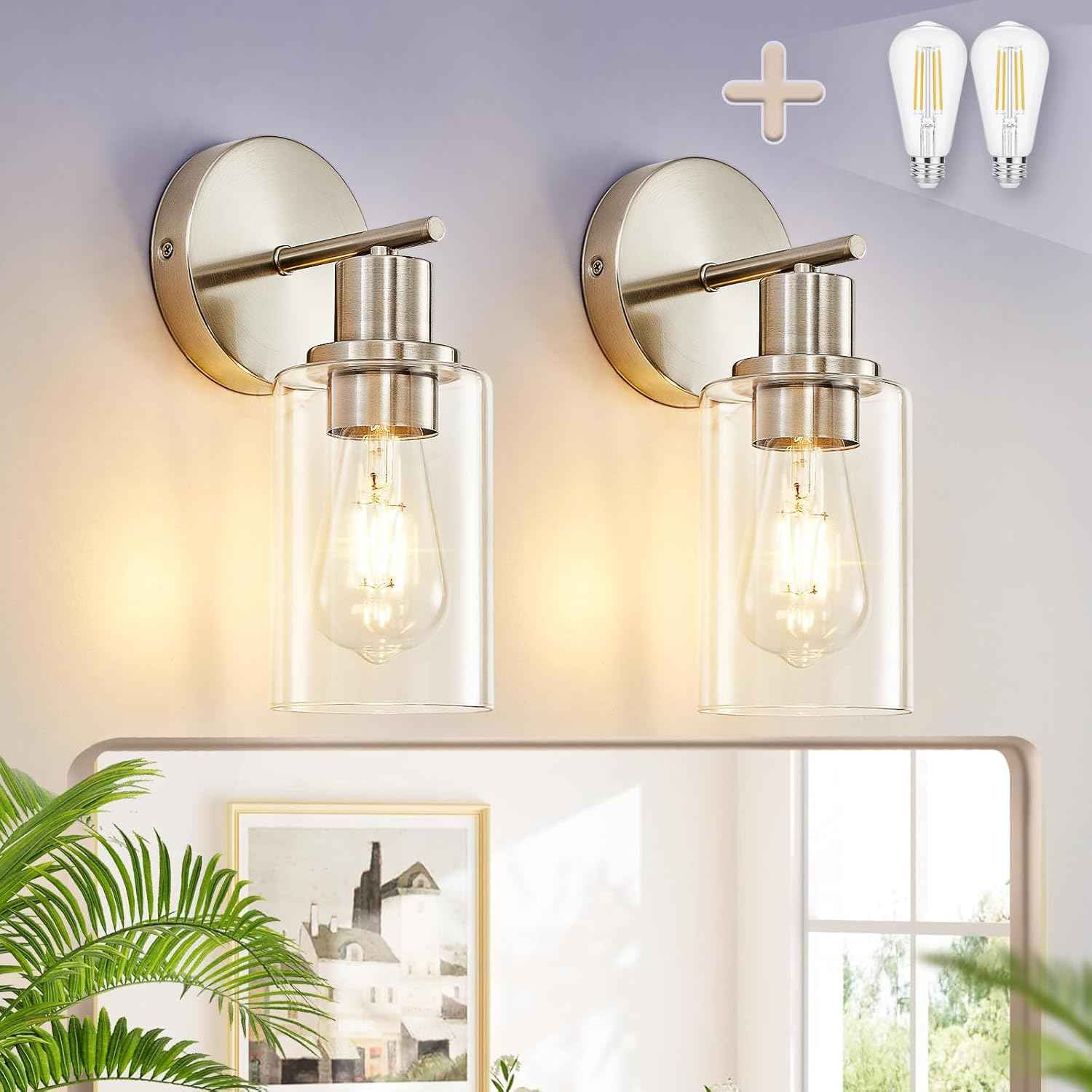 Modern Black 3-Light Bathroom Vanity Light Fixtures with Clear Glass Shades - 2 Pack