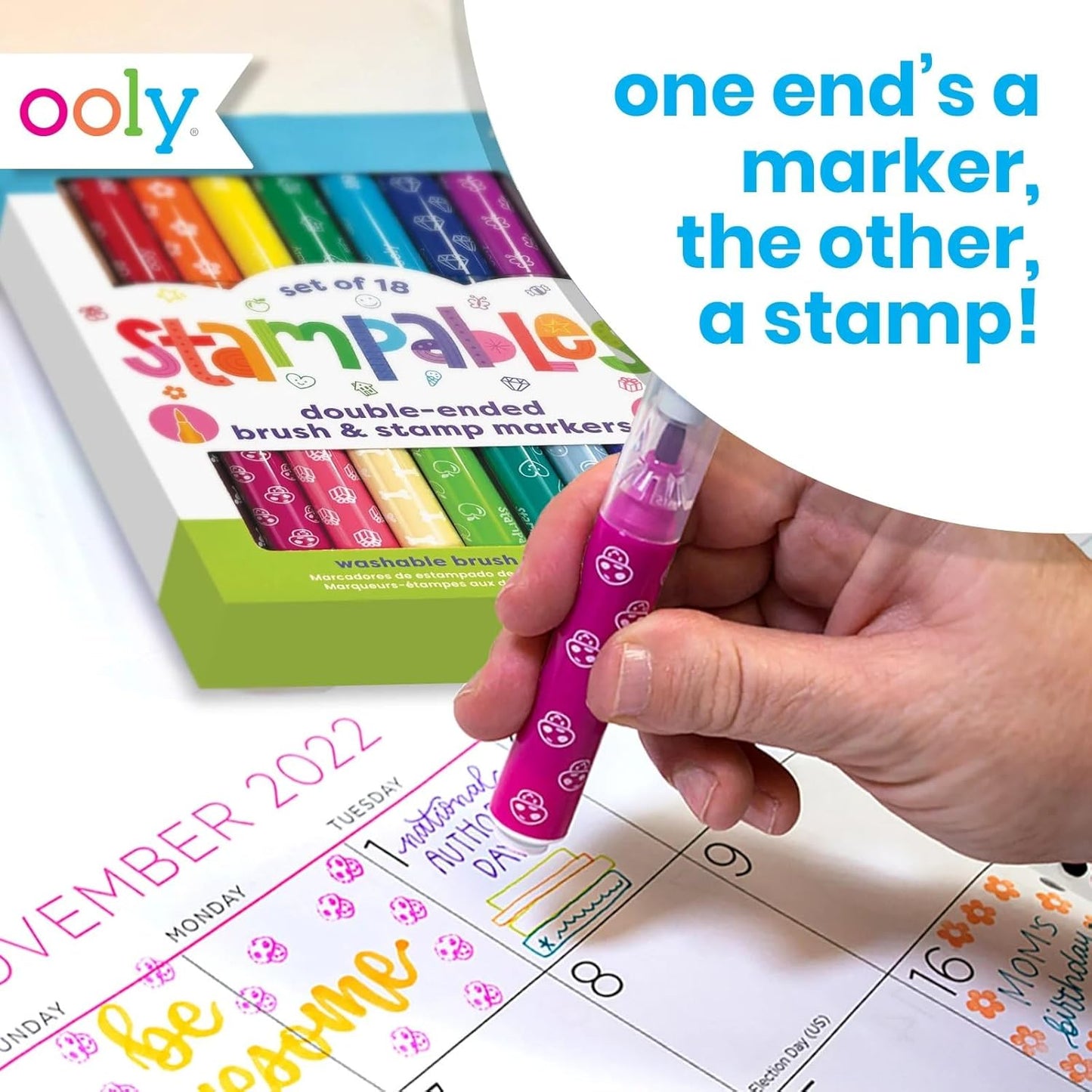 Ooly 18 Double-Sided Stamping Markers - Versatile Brush Tip & Stamp | Fun School Supplies