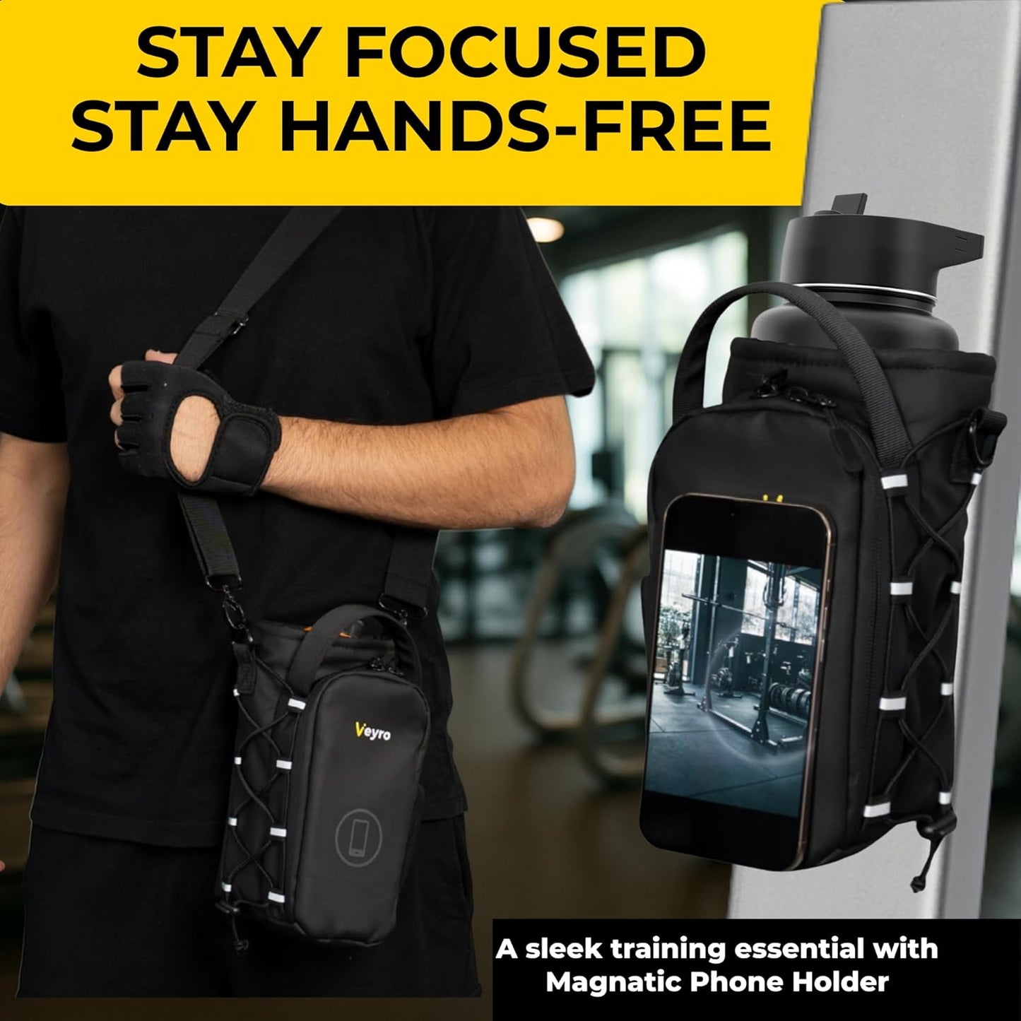 Veyro Magnetic Gym Bag - Strong Magnetic Phone Holder & Water Bottle Pouch | Compact Crossbody (Black)