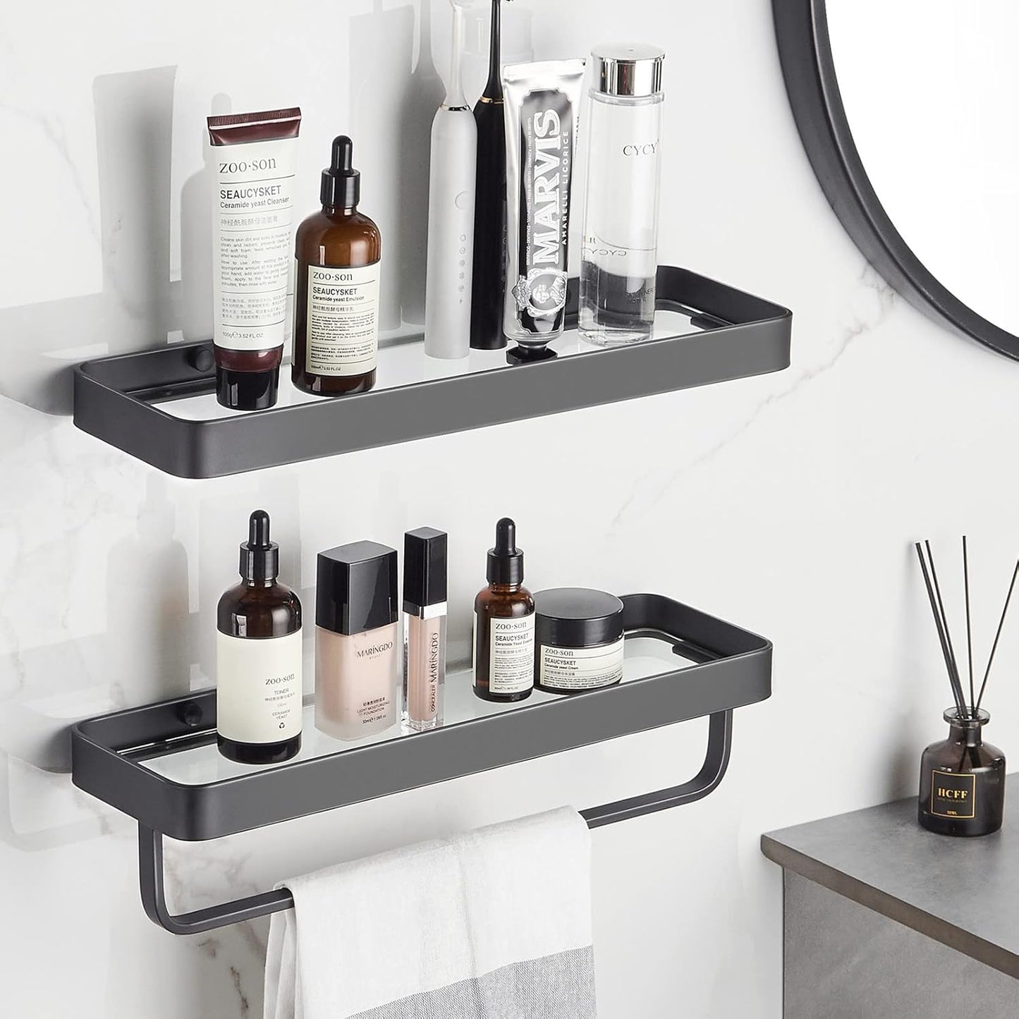 Wall Mounted Glass Bathroom Shelves - 2-Tier Floating Organizer in Black
