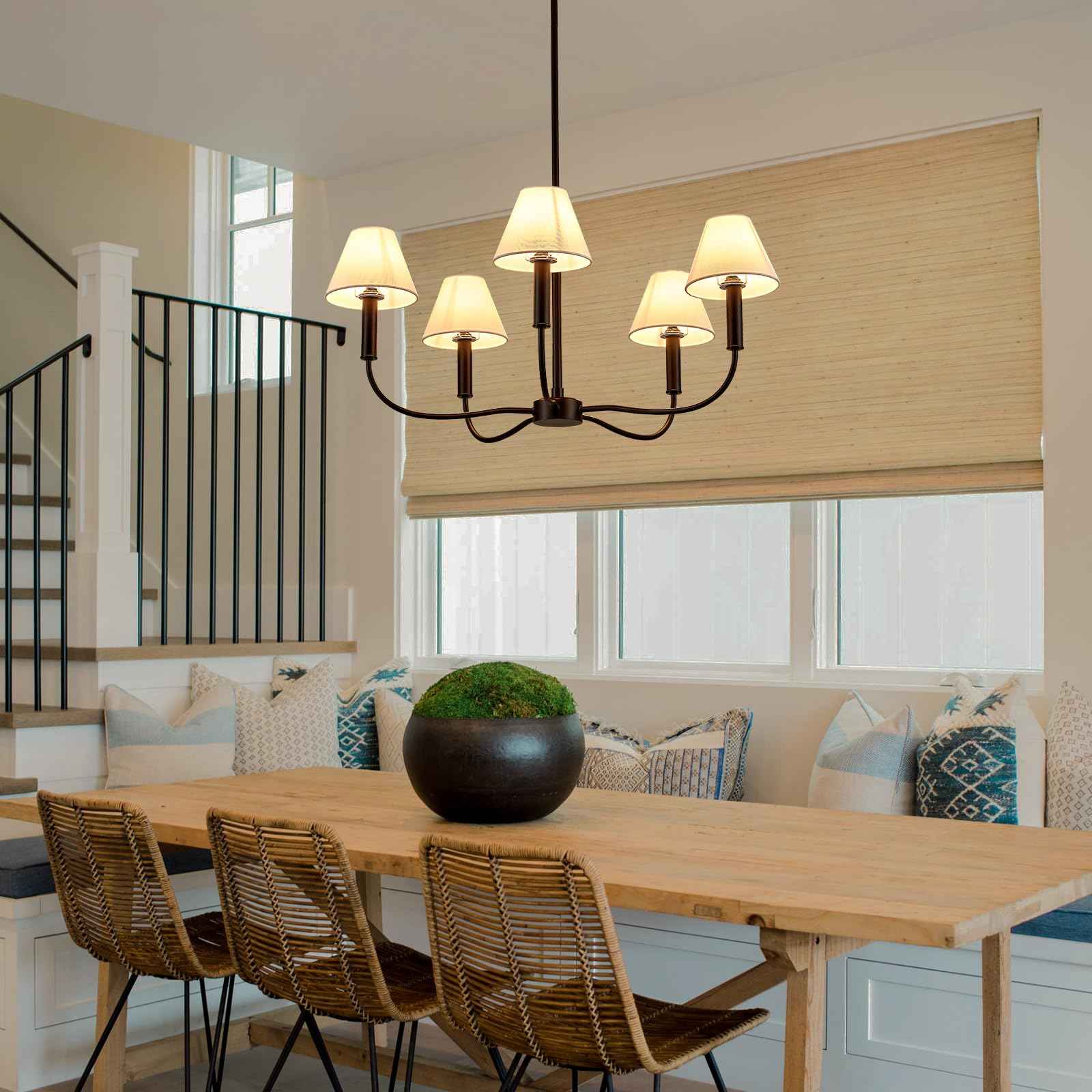 Black Farmhouse Chandeliers with White Fabric Shades, 5-Light Modern Chandelier for Dining Room Light Fixture 30’’ Large Linear Pendant Light Fixture for Kitchen Bedroom Living Room,UL Listed