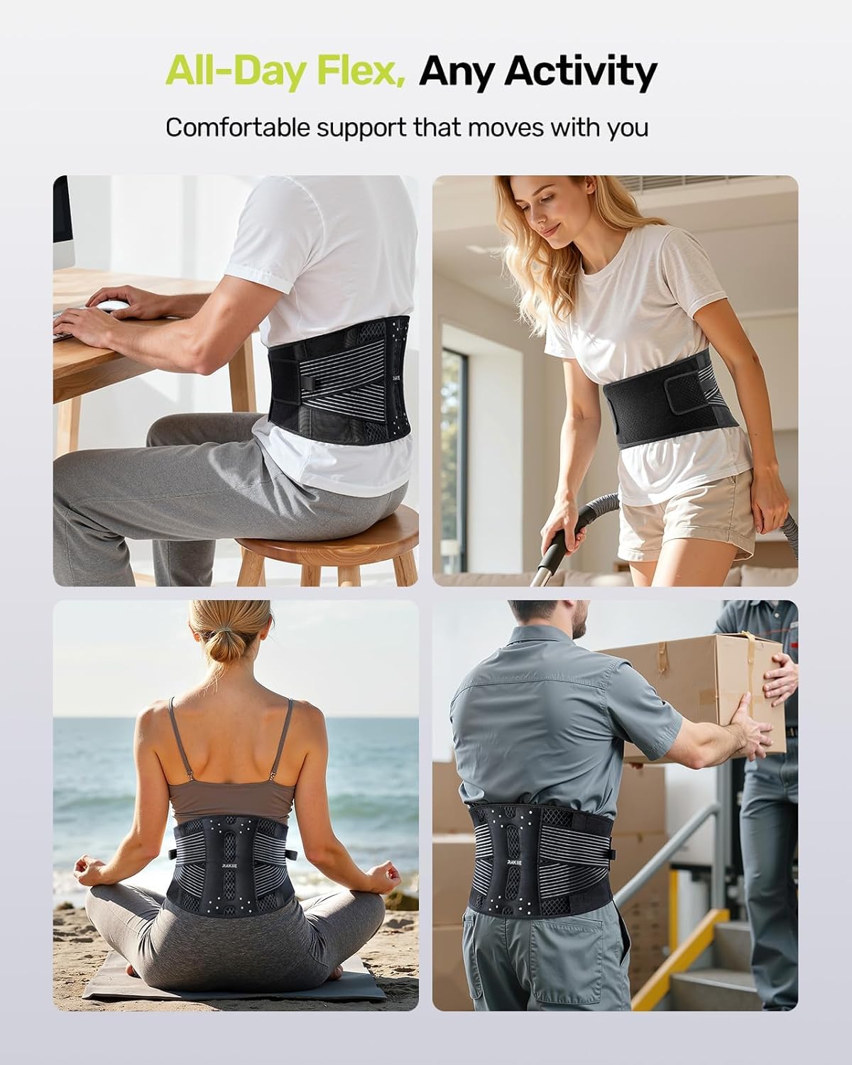 Rakiie Slim Back Brace for Lower Back Pain Relief, Lightweight & Breathable Back Support Brace for Men Women, Ergonomic Light Lumbar Support for Everyday Wear, Light Gray M