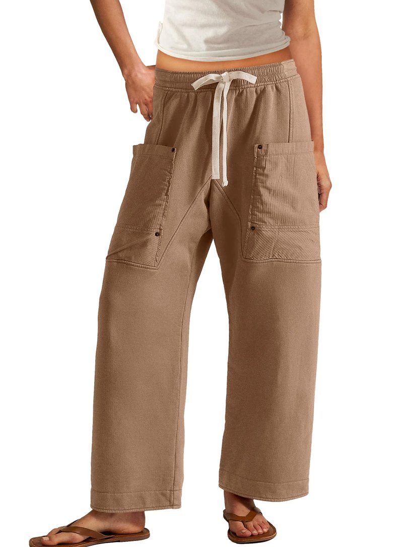 Panadila Women Wide Leg Pants Drawstring Barrel Sweatpants Baggy Cargo Pants Lounge Trousers with Pockets (Light Brown,M)