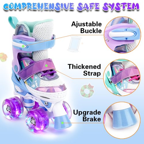 HISULIV Roller Skates for Kids Ages 5 6 8 12 Year Old 4 Size Adjustable Quad Roller Skates for Girls Boys Toddler with Light Up Wheels Best Children Gift for Beginners Indoor Outdoor Sports Purple