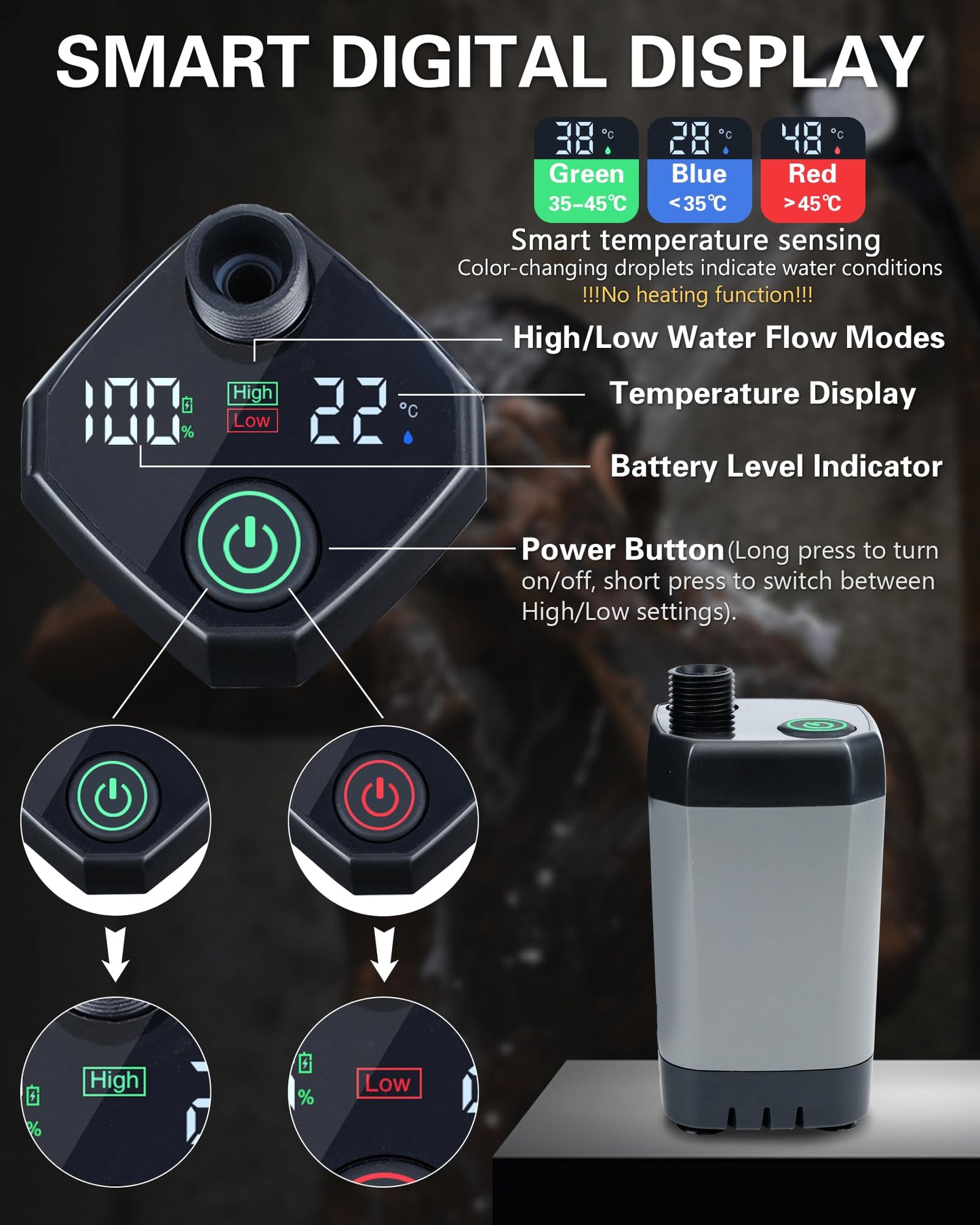 Beviliu Portable Shower for Camping, 6000mAh Rechargeable Camping Shower with Digital Power & Temperature Display, Portable Shower for Camping, Beach, Outdoor Travelling, Hiking, Pet Cleaning