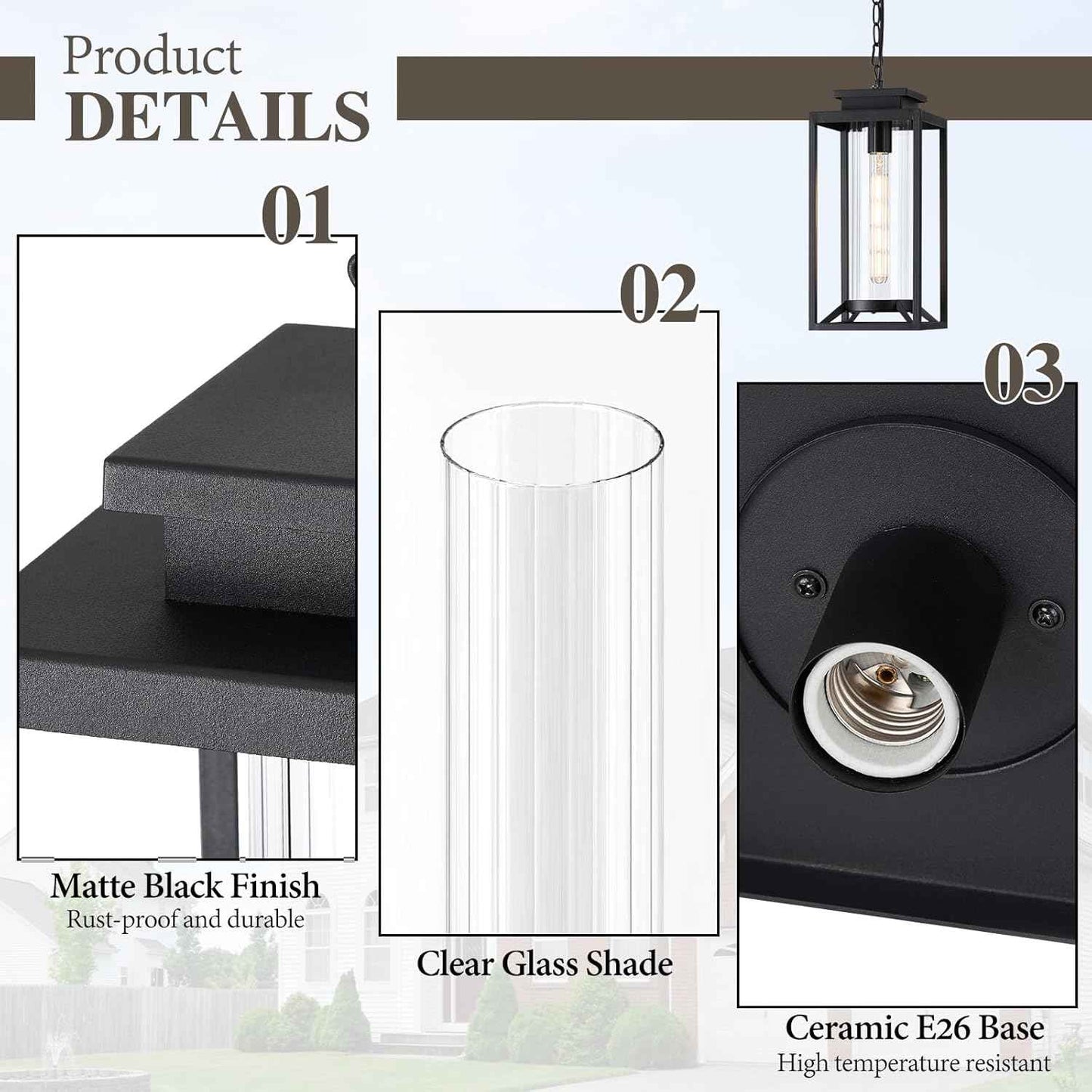 Modern Black Outdoor Pendant Light - 1-Light Hanging Lantern for Porch & Gazebo