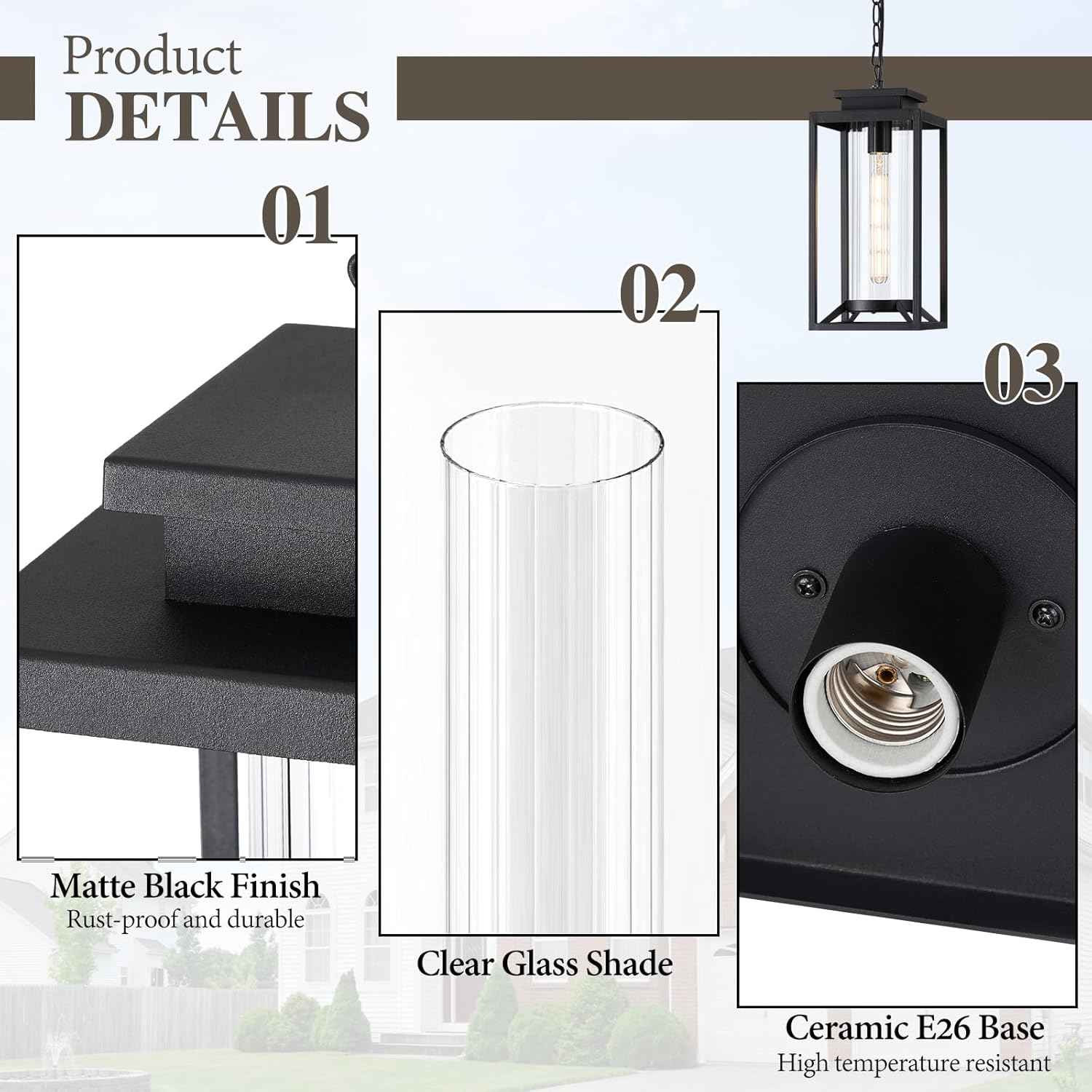 Modern Black Outdoor Pendant Light - 1-Light Hanging Lantern for Porch & Gazebo