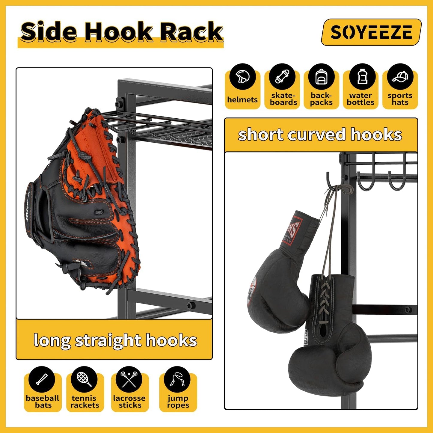 SOYEEZE Sports Equipment Organizer - 4-Tier Ball Storage Rack with Wheels & Hooks for Garage or Gym Use