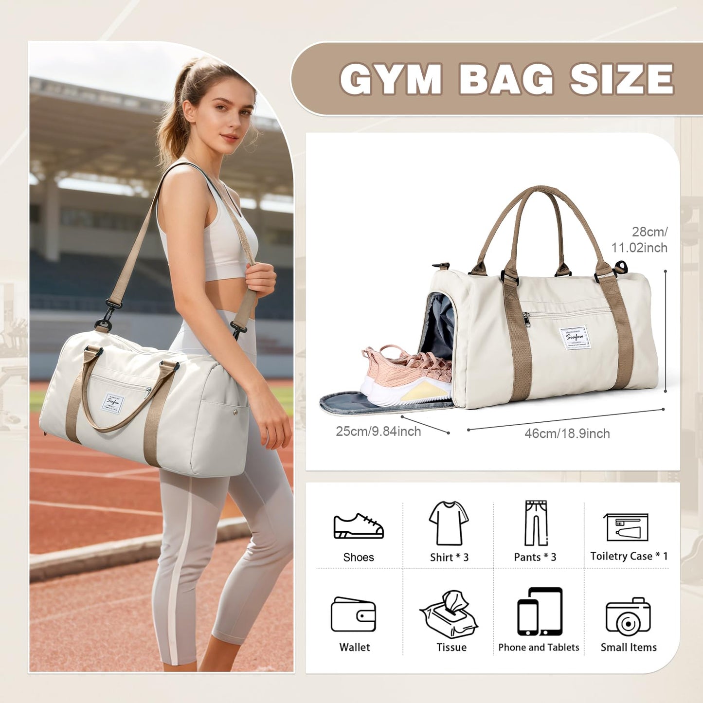 Weekender Duffel Bags for Women, Travel Totes Bag for Airplane, Cute Sports Gym Dance Bag Overnight Luggage Bag with Wet Pocket Shoe Compartment, Carry On Hospital Bag for Labor and Delivery, White