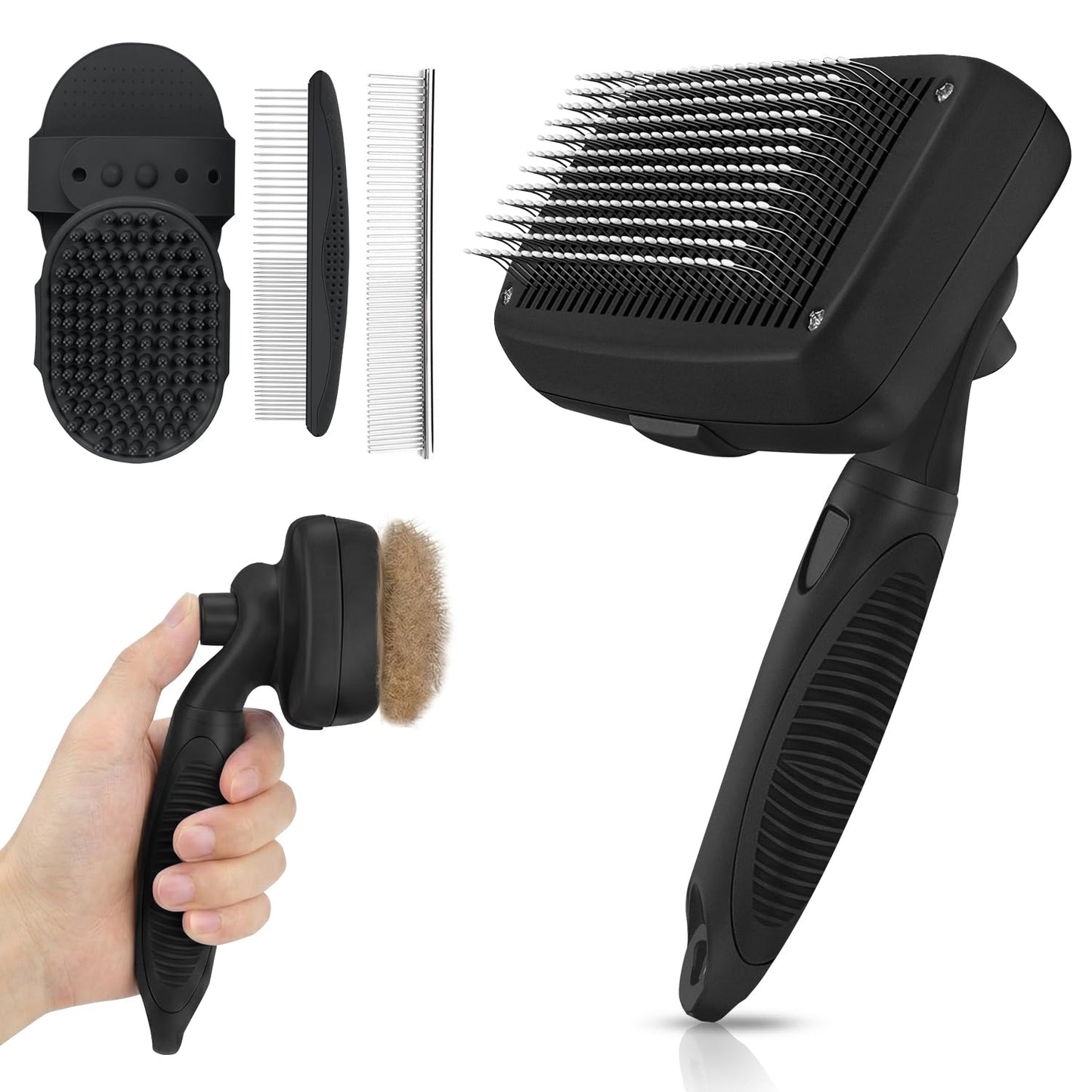 Skiennix Self-Cleaning Shedding Brush - 5-in-1 Pet Grooming Kit for Dogs & Cats | Skin-Friendly Tool, Black