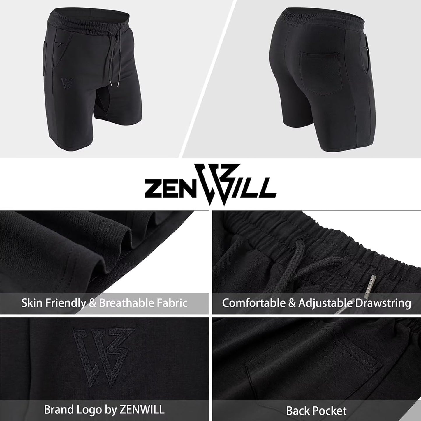 ZENWILL Mens Gym Running Shorts, Workout Athletic Bodybuilding Fitness Shorts with Zip Pockets